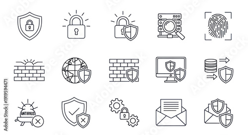 Cybersecurity Icons: Shield, Lock, Fingerprint, Firewall, Data Protection