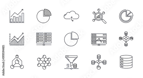 Data Analysis Icons: Charts, Cloud, Servers, Network, Pie Charts, Funnel