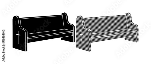 Empty church pews with crosses symbolize faith and contemplation