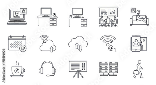 Business Technology Icons Set: Remote Work, Cloud, Communication, Office, Analytics