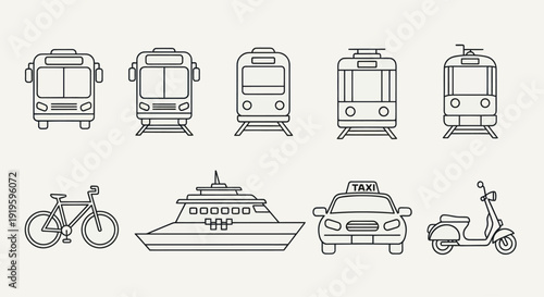 City Transport Icons: Bus, Tram, Train, Boat, Taxi, Scooter, Bicycle