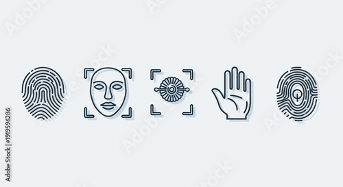 Biometric Identification Icons: Fingerprint, Face Scan, Iris Scan, Hand Scan