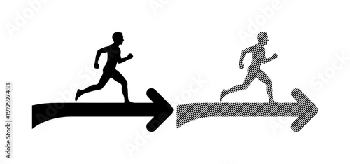 Silhouettes of runners on arrows symbolizing progress and forward movement.