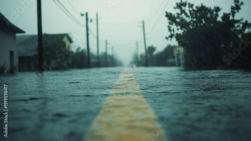 Wet City Road Reflection: Rain-Soaked Asphalt Surface with Vivid Yellow Lane Marking and Blurred Urban Background.