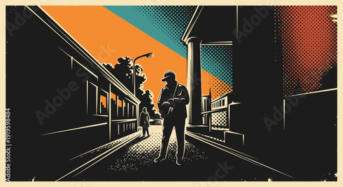 Silhouetted couple walking on a street at sunset with dramatic sky.