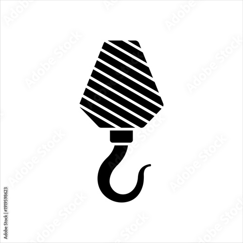 Crane hook icon in simple black silhouette style. Industrial lifting equipment symbol representing construction, heavy machinery, warehouse, logistics and cargo handling. Minimal modern vector isolate