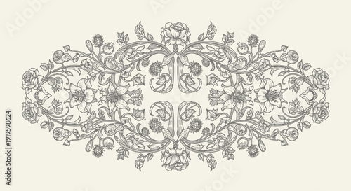 Intricate vintage floral ornamental design with symmetrical patterns.