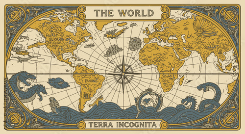 Vintage styled world map with Terra Incognita and ornate compass rose.