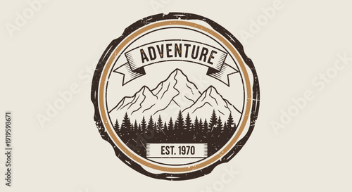 Vintage adventure emblem with mountain and forest design.