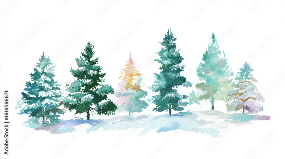 Obraz premium Snow-covered evergreen trees create a tranquil winter landscape with soft colors and a serene atmosphere. The scene captures the beauty of nature in the cold season.