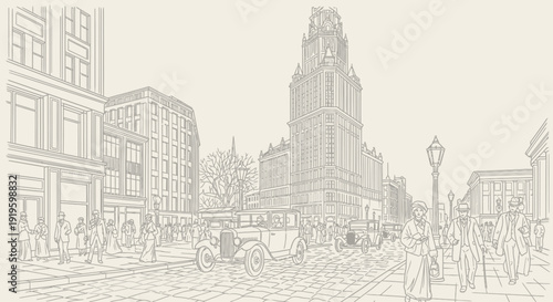 Vintage city street scene with classic cars and tall buildings in detailed line art.