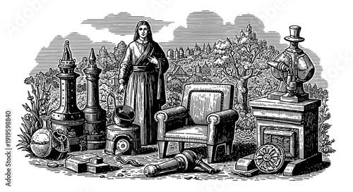 Vintage engraving depicting a woman surrounded by antique scientific instruments and machinery.