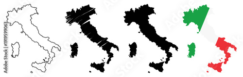  Italy map design set featuring minimalist silhouette, thin line art, and official green, white, and red flag colors. Perfect for travel branding, Italian culture, and navigation icons. 