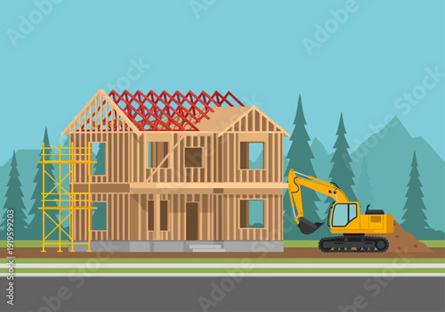 House under construction with excavator and scaffolding, illustrating new home building and development