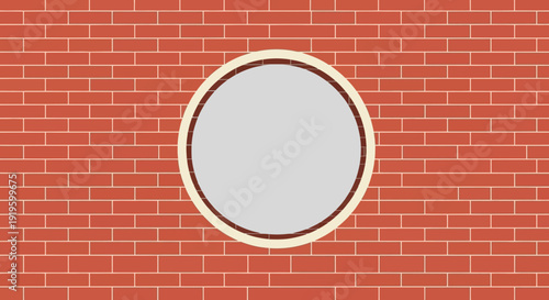 A simple graphic illustration of a red brick wall with a central circular grey window frame.