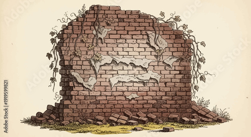 Illustration of a crumbling brick wall with ivy and debris at its base, depicting decay and ruin.