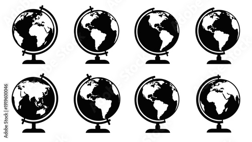 Multiple Globe Icons: World Map, Earth, Geography, Travel, Education, Business Concepts