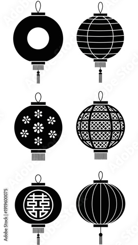 Set of 6 Chinese Lanterns Icons, Traditional Asian Decorative Elements