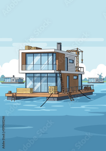 Modern Floating House Construction Illustration on Water Contemporary Architecture, Innovative Building Progress, and Unique Waterfront Living Design