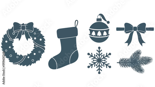 Christmas Icons Set: Wreath, Stocking, Ornament, Bow, Snowflake, Pine Branch