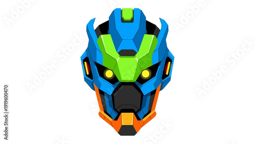 Futuristic Robot Head Icon, Sci-Fi Cyberpunk Character, Blue Green Orange