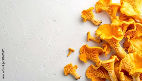 Fresh whole chanterelle mushrooms on white textured background