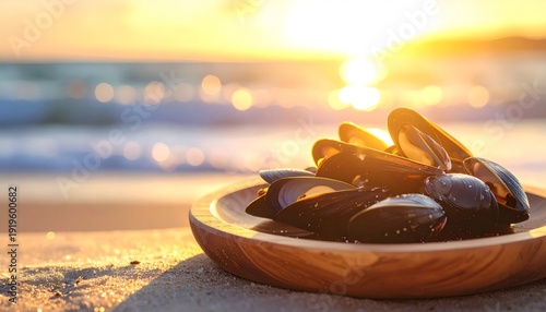 Fresh mussels on wooden bowl at beach sunset