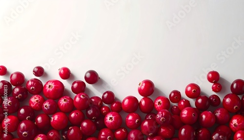 Fresh harvest cranberries scattering bottom white background
