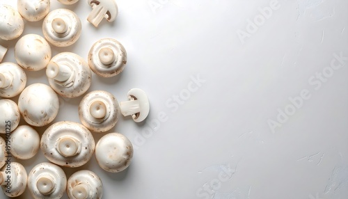 Fresh white button mushrooms on light background with copy space