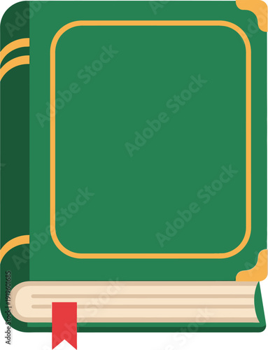 A simple flat design illustration of a closed green book with a gold border and a red bookmark.