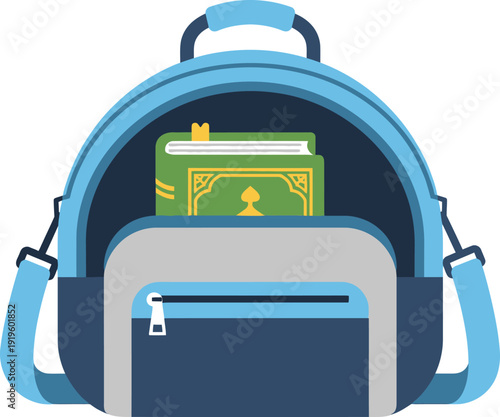 An open blue and grey backpack with a green book featuring an ornate cover inside the main compartment and a zippered front pocket.