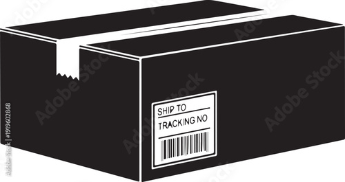 A black box with a white label and barcode Vector, illustration