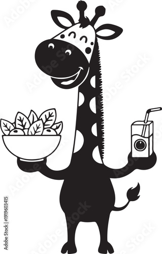 A giraffe happily holding a bowl of salad and a carton of juice Vector, illustration