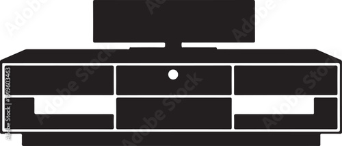 A black and white image of a tv stand with a television on top Vector, illustration