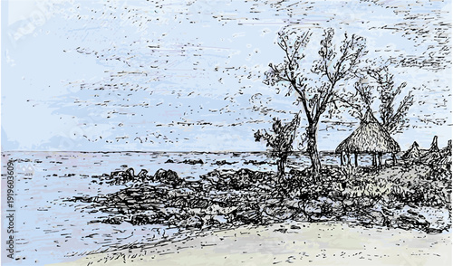 A rock-lined cove at Flic en Flac beach, the departure point for whale watching boats in Mauritius. Ink drawing, hand made