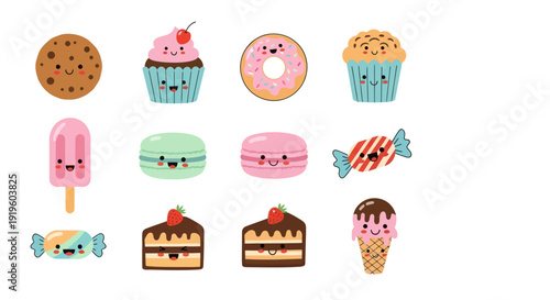 Cartoon desserts collection on white