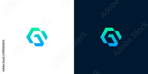 Modern abstract geometric logo design with blue and green gradient on white and dark backgrounds
