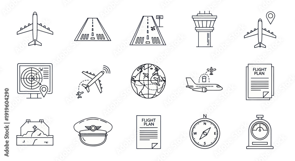 Φωτογραφία Aviation Icons Set: Airplane, Airport, Control Tower, Flight Plan, Compass