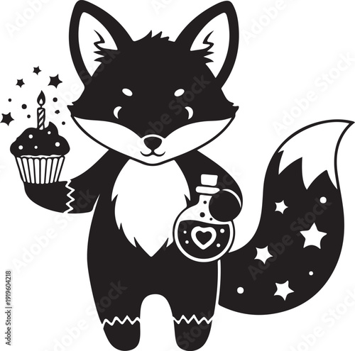 A cartoon fox holds a cupcake and a potion bottle Vector, illustration