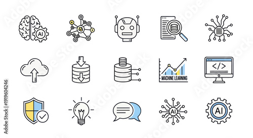 Artificial Intelligence Icons Set: Brain, Robot, Data, Machine Learning, Coding