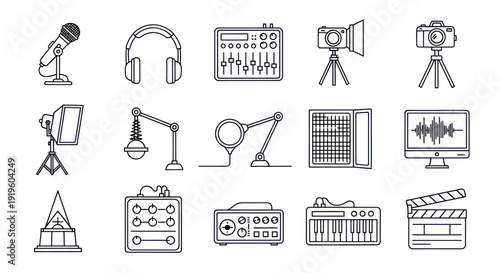 Audio and Video Production Equipment Icons Set - Line Art