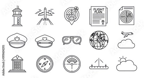 Aviation Icons Set: Air Traffic Control, Airplane, Flight Plan, Globe, Pilot Gear