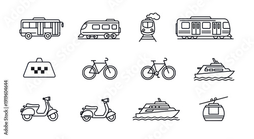 Transportation Icons: Bus, Train, Taxi, Bicycle, Scooter, Boat, Cable Car