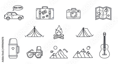 Travel Icons: Car, Suitcase, Camera, Map, Tent, Campfire, Guitar, Thermos