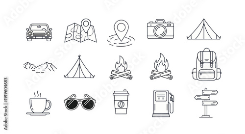 Travel Icons Set: Car, Tent, Map, Camera, Campfire, Backpack, Coffee