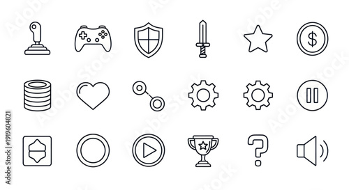 Video Game Icons: Joystick, Controller, Shield, Sword, Star, Coin, Trophy, Heart