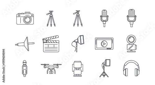 Video Production Equipment Icons: Camera, Microphone, Drone, Tripod, Clapperboard