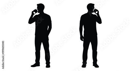 Silhouettes of two men talking on their phones depicted in a stark black and white style