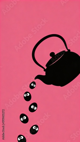 EASTER egg Black silhouette teapot pouring cute cartoon drops on pink background, playful minimal design for tea branding and cafe ads, fun whimsical mood for April Fools Day