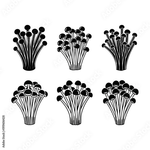 Enoki Mushroom Bunch Silhouette, Black and White Vector Icons, Healthy Food Ingredient